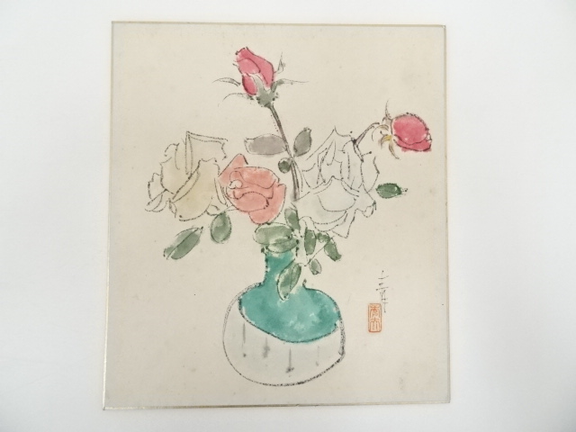 青柳秀夫筆　薔薇図　肉筆色紙